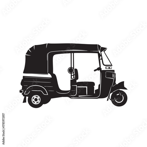 Black silhouette of a three-wheeled auto rickshaw with a covered roof and open passenger area
