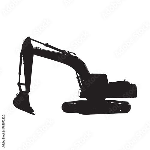 Black silhouette of a tracked excavator with a raised boom and bucket digger construction equipment