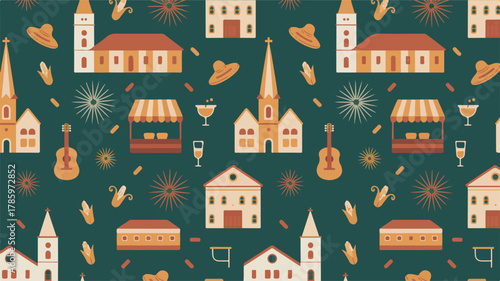 Festive Pattern of Buildings, Guitars, and Hats on Dark Green Background celebration festival