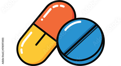 Orange and yellow capsule alongside a blue round pill with a dividing line, isolated on white background