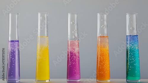 Obraz na plátně Colorful chemical reactions in glass test tubes showing vibrant purple, yellow, pink, orange, and turquoise liquids with bubbling effervescence on gray background