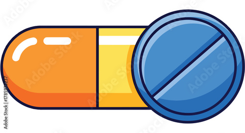 Orange and Yellow Capsule Pill Alongside a Blue Round Pill with a Diagonal Split, Isolated on White Background