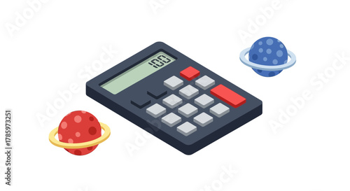 Calculator with planets representing calculation and space exploration.