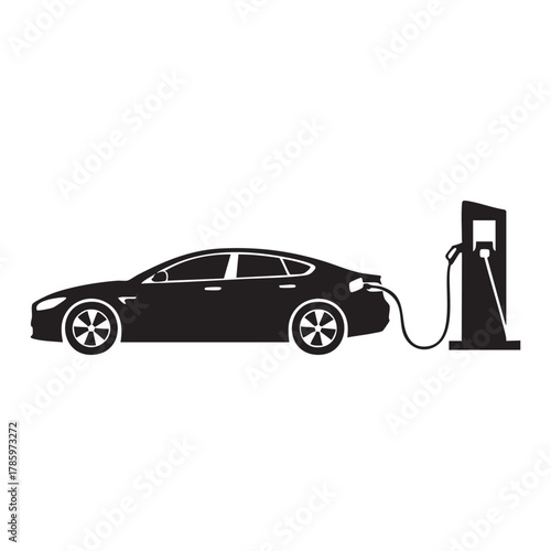 Black silhouette of an electric car charging at a charging station EV charging automobile