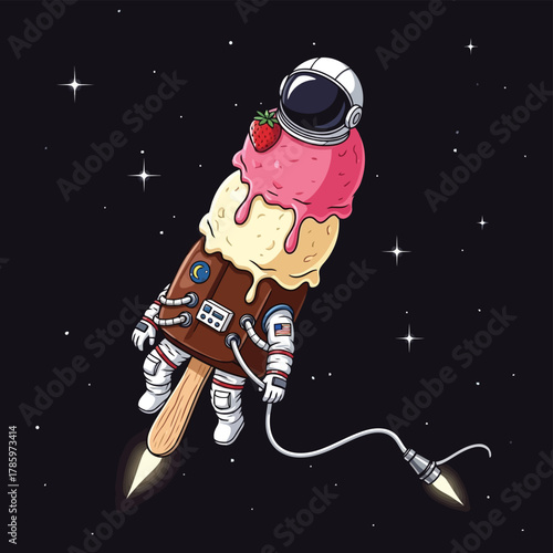 A whimsical ice cream rocket ship hurtles through space, piloted by a brave astronaut, strawberry on top, isolated on dark background