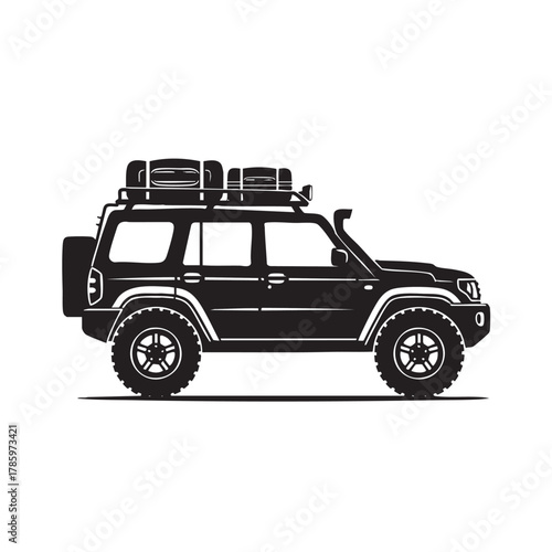 Black silhouette of an off road vehicle with luggage on roof rack and spare tire adventure travel