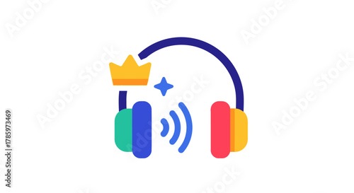 Colorful Headphones with Crown and Star Icon for Music Royalty.