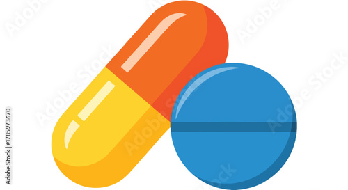 Orange and Yellow Capsule Pill Beside a Blue Pill with a Dividing Line, Medical and Healthcare Concept