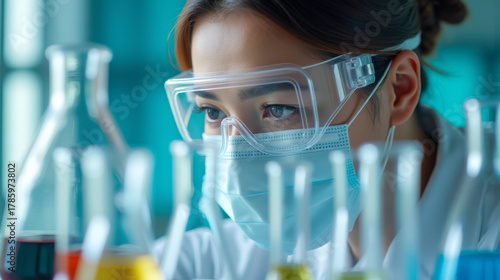 Researcher woman analyzing test tubes containing colored liquids in a modern laboratory. Scientist wearing a mask and protective goggles working with test tubes in a biochemistry lab