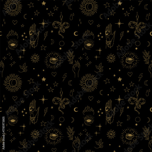Hand drawn linear golden vintage ornament with magic symbols. Seamless Textile Design For Printing. Vector illustration.