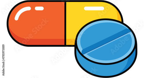 Orange and yellow capsule pill next to a blue round tablet with a dividing line, medical concept