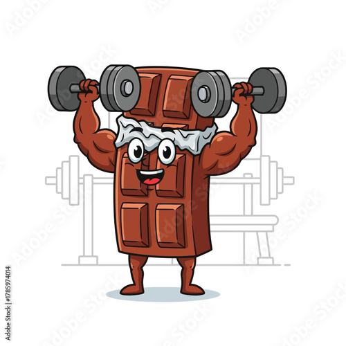 Cartoon chocolate bar lifting weights, showcasing a humorous take on fitness and healthy lifestyle
