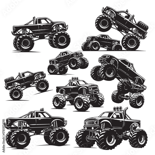 Collection of black and white monster trucks with large tires in various poses vehicle off road