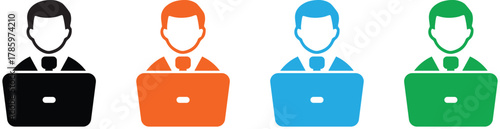 Vector illustration of a business man working on a laptop, representing a professional office worker, freelancer, or businessman.