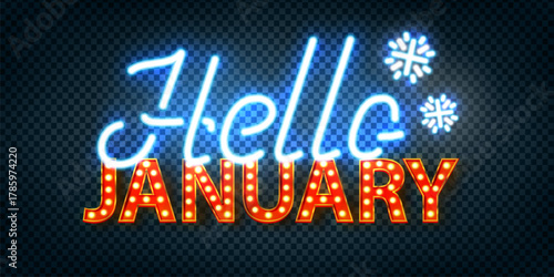 Vector neon sign of Hello January isolated on the transparent background.