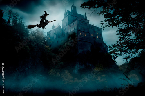 Eine Hexe fliegt mit einem Hexenbesen bei Nacht vor einer Burg vorbei