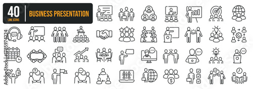 Set of collection thin line icons related Business Presentation, Meeting, Workshop. The icon can be used for website, infographic, user interface, app, banner, logo, brochure etc transparent backgroun