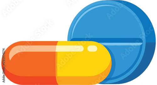 Realistic 3D Rendering of a Blue Pill and an Orange and Yellow Capsule Pharmaceutical Drug on White Background