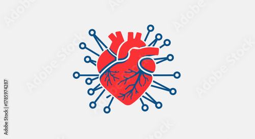 Human Heart Connected to a Digital Network System Illustration.