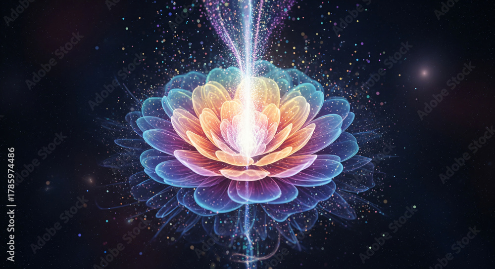 Obraz premium Glowing Cosmic Flower Made of Radiant Light with Aura and Ethereal Energy Flowing from the Center Symbolizing Spiritual Awakening and Divine Harmony JPG