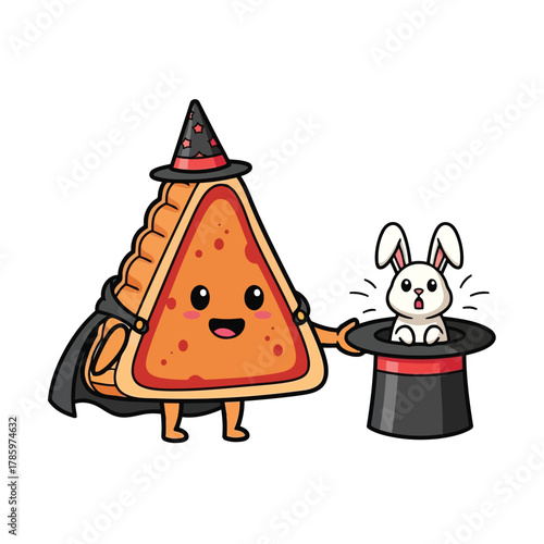 Cartoon pie slice performing magic with a rabbit in a hat, a whimsical illustration