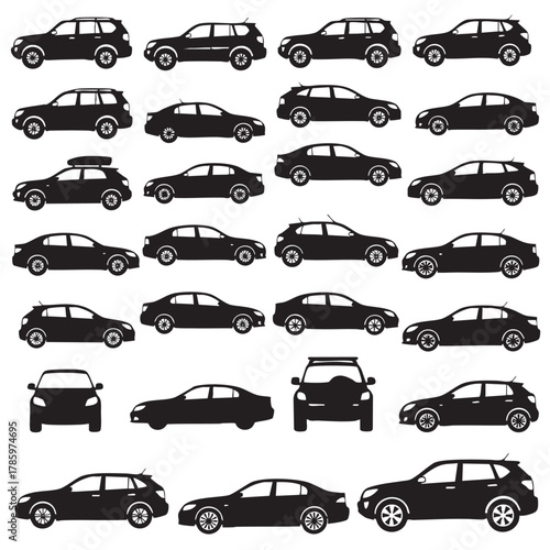 Collection of black car silhouettes including S U Vs sedans and hatchbacks on white background