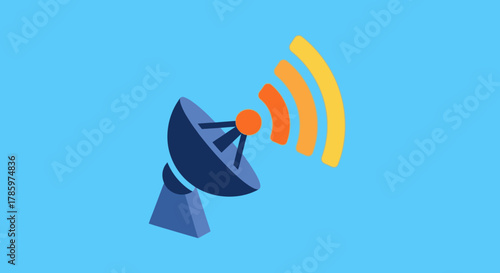 Satellite Dish Transmitting Signals on a Blue Background.