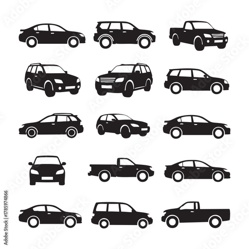 Collection of black car silhouettes including sedans S U Vs and pickup trucks vehicle automobile