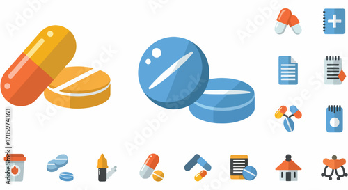 Set of medical icons and pills, capsules, and tablets in flat design style, medical symbols
