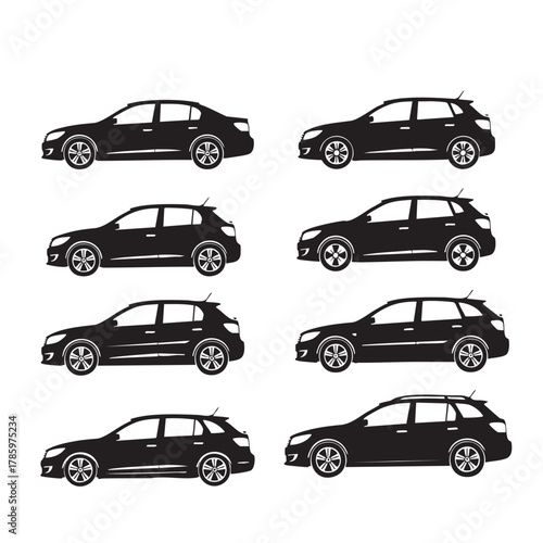 Collection of black car silhouettes showing sedan hatchback and wagon styles automobile vehicle