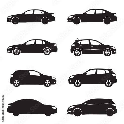 Collection of black car silhouettes showing sedans and hatchbacks from side profile vehicle