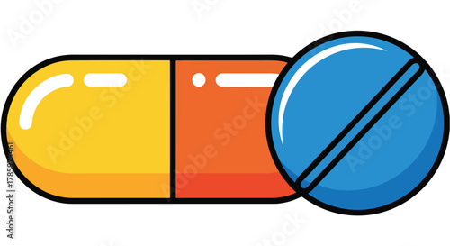 Stylized illustration of a yellow and orange capsule alongside a blue pill with a dividing line, isolated on white.