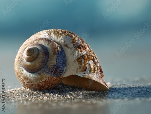 Spiral seashell rests on we...