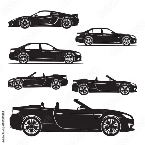 Collection of black silhouette sports cars and sedans on a white background automobile vehicle