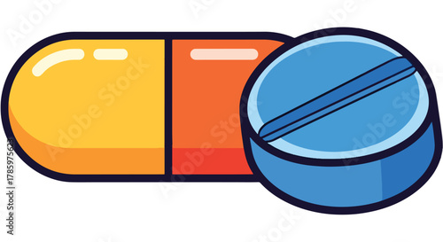 Stylized Vector Illustration of Two Pharmaceutical Pills, One Yellow and Orange Capsule, One Blue Round Tablet