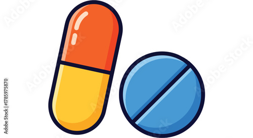 Two stylized medical pills, a capsule and a round tablet, isolated on a white background, graphic illustration