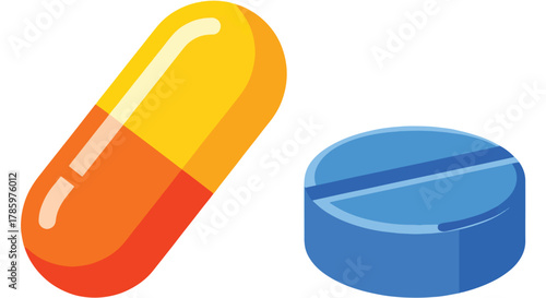 Vibrant and colorful medical capsule and pill illustrations, a pharmaceutical concept with a clean white background
