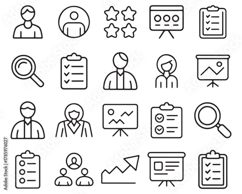 Collection of business and office icons representing people charts and documents