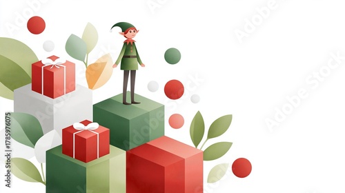 Fototapeta Naklejka Na Ścianę i Meble -  Isometric illustration of an elf standing on colorful gift boxes surrounded by festive leaves and ornaments, creating a whimsical holiday atmosphere with copy space