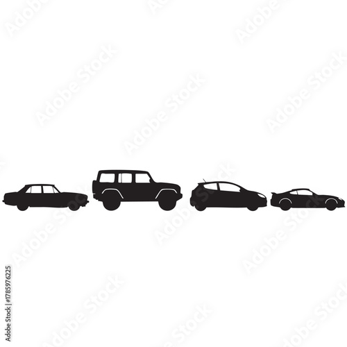 Four black car silhouettes including sedan S U V hatchback and sports car on white background