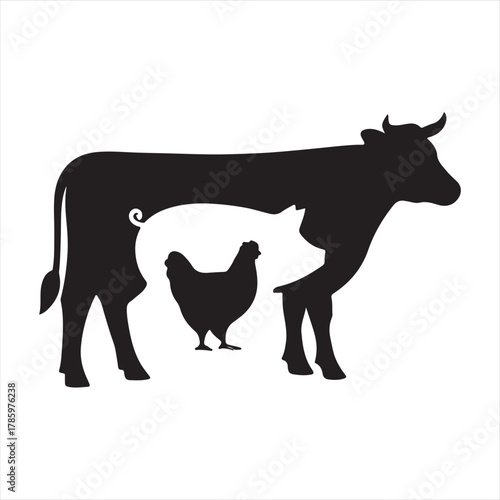 Silhouette of a cow with a chicken inside its belly representing farm animals and food production