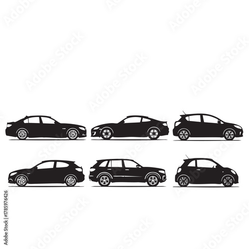 Six black car silhouettes including sedan coupe hatchback and S U V vector