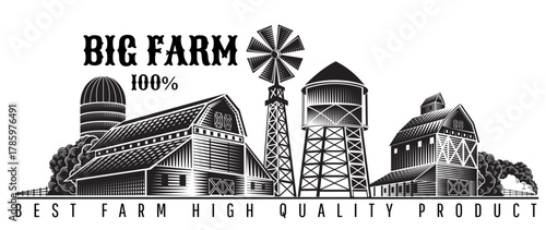 Monochrome vector farm illustration with barns and silos