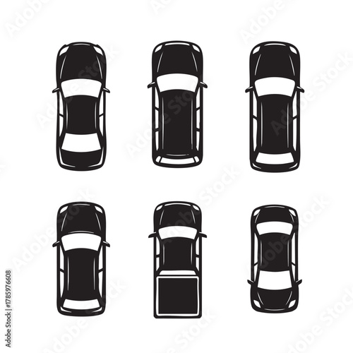 Six black car silhouettes viewed from directly above on a white background automobile vehicle