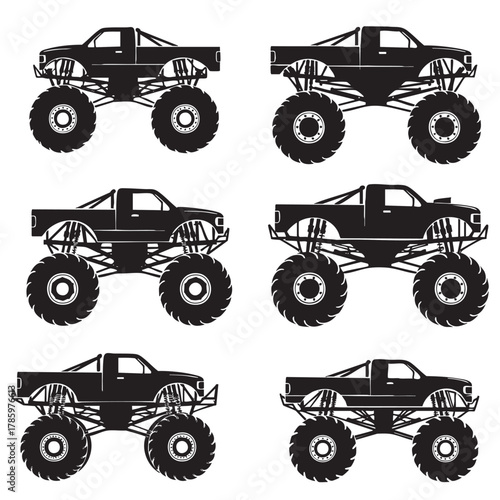 Six black silhouette monster trucks with large tires and lifted suspension on a white background