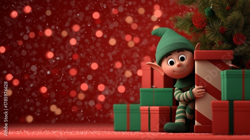 Mischievous elf illustration peeking from behind colorful gift boxes, surrounded by a festive atmosphere with sparkling lights and a decorated Christmas tree, evoking holiday cheer with