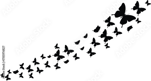 Cad drawing flat vector illustration, black butterfly silhouettes, diagonal flying pattern, motion and growth concept, nature inspired design, artistic insect composition