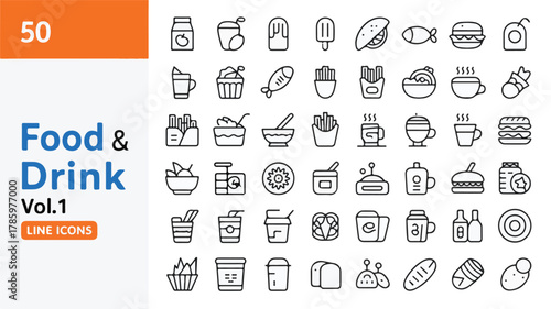 A collection of 50 line art icons arranged in a grid format, featuring a minimalist black and white design style.  