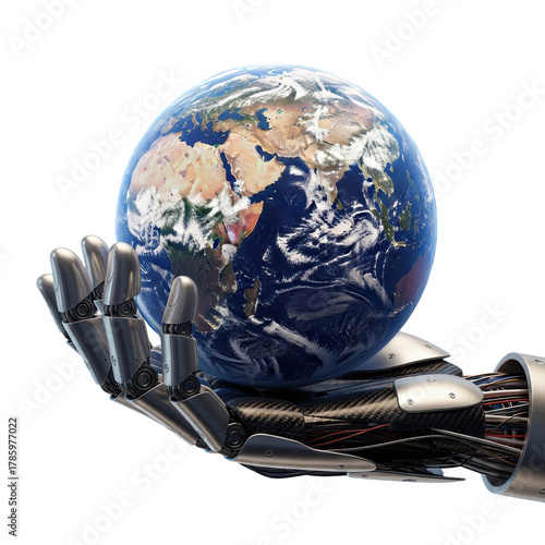 Robotic Hand Holding a Detailed Earth Globe with Clouds and Continents planet