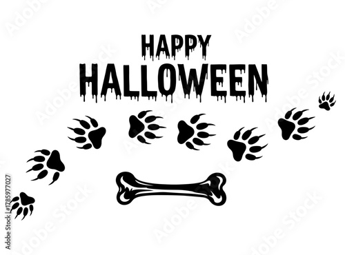 Festive Halloween graphic with spooky paw prints and a scary bone, great for party invitations or seasonal decor